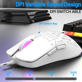 Gaming Mouse Wired, Lightweight RGB Gaming Mouse, 4 Adjustable DPI Up to 3600, 6 Programmable Buttons, Ergonomic Computer Mouse for Windows/PC/Mac/Laptop (White)
