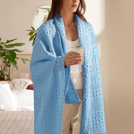 PHF 100% Cotton Waffle Weave Throw Blanket, Soft Lightweight Breathable Cozy Summer Throws for Couch Bed Sofa, Luxury Aesthetic Woven Blanket for Home Decor & Office, 50"x60", Sky Blue