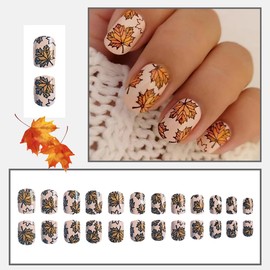 Fall Maple Leaves Press on Nails Short Square Fall Fake Nails Full Cover Glue On Nails with Maple Leaf Design False Nails Glossy Autumn Stick on Nails for Women Girls DIY Manicure Decoration,24Pcs