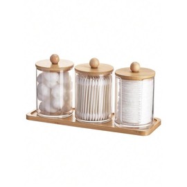Bathroom Set With Tray (4PCS) - 3 Packs Acrylic Plastic Apothecary Jars Qtip Dispenser Jars With Clear Lids, 1-Piece Bamboo Dressing Table Tray For Makeup Round Pads, Swabs, Dorm Room - Size: Ball Cover Round Cup 2pcs