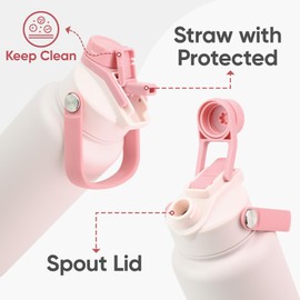 24 oz Insulated Water Bottle, 2 Lids, 2-in-1 Lid Straw & Spout, Carabiner Lid, Leak Proof, Keep Cold, Stainless Steel, Metal, Reusable, Handle, for Sports and School, Pink
