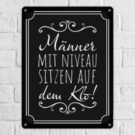 Men with Level Sitting on the Toilet Metal Sign XL in Black 21 x 28 cm for the Toilet Funny Tin Sign for the Toilet for Men Who Don't Sit Down to Pee