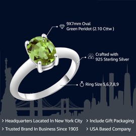 Gem Stone King 925 Sterling Silver Peridot Solitaire Ring For Women (2.10 Cttw, Gemstone Birthstone, Oval 9X7MM, Available 5,6,7,8,9) (Size 6)