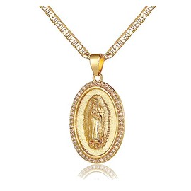 DouuYuhet 18K Gold Plated Flat 3MM Virgin Mary Guadalupe Charm Chain Pendant Necklace Christian Jewelry (05-Gold)
