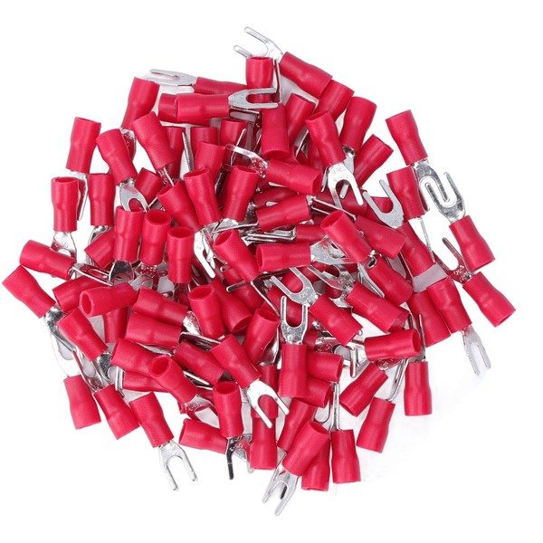 Eujgoov 100Pcs Red Fork Terminals, AWG 22-16, Heat Shrink, Marine