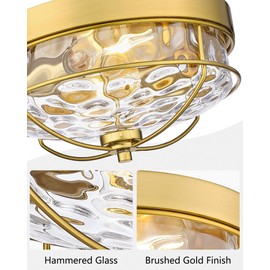 Flush Mount Ceiling Light Gold, HWH 12 Inch Ceiling Light Fixture with Water Ripple Hammered Glass, Modern 2-Light Ceiling Mount Light for Bedroom Kitchen Foyer, 5HTJ7WG-F BG