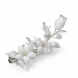 Coollooda Hair Ornament, Neat Lily Motif, Flower Hair Clip, Silver, Leaf, Crystal, Pearl, Handmade, Kimono, Wedding, School Entrance Ceremony, Graduation Sleeve, Dress, Western, Hair Accessory