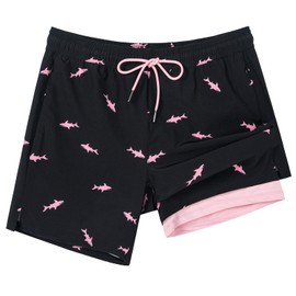 SURF CUZ Mens Swim Trunks 5" Swimming Trunks with Compression Liner Quick Dry Swim Shorts Bathing Suit with Zipper Pockets 02 Black Pink Shark XX-Large