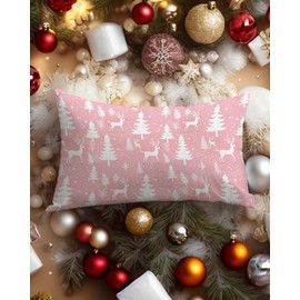 PreLiving Pink Reindeer Christmas Pillow Cover 12x20 Inch, Winter Holiday Decorative Cushion Cover, Cute Deer Pillow Case for Christmas, Holiday, and Winter Decor