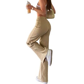 Vintage Jeans for Women Teen Girl High Waisted Relaxed Fit Stretchy Bell Boottom Boyfriend Jeans Khaki