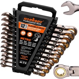 HORUSDY Flex-Head Ratcheting Wrench Set | Metric and SAE | Ratchet Combination Wrenches Set with Organizer | 72-Teeth | Chrome Vanadium Steel Hardware:_12-piece Flex-Head Ratcheting Wrench(SAE)