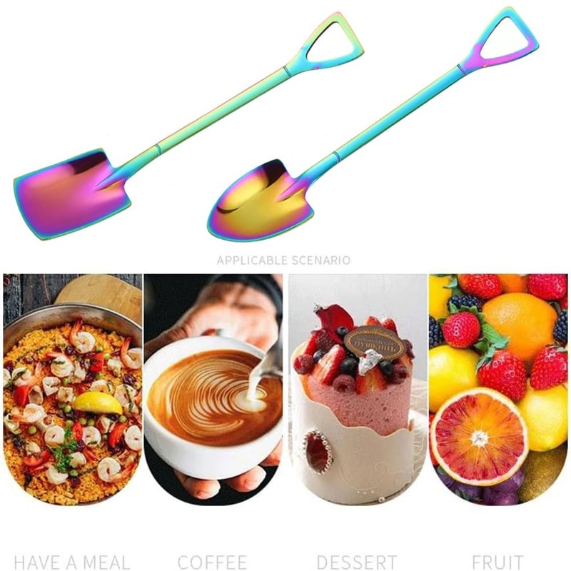 10pack Rainbow Shovel Spoons,Small Shovel Shape Stainless Steel Dessert Fruit