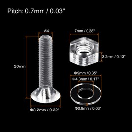 sourcing map 20 Sets Phillips Machine Screws M4 x 20 mm Plastic with Nuts and Washers PC Flat Head Machine Screws Transparent