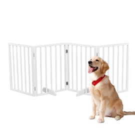 Outvita Freestanding Dog Gate, 24" H Foldable Wooden Pet Barrier Fence,4-Panel Extra Wide Pet Fence with Support Feet for Stairs，Hallways,Doorways(White)