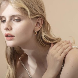 Hoop Earrings Wide Huggie Made of 925 Sterling Silver with Gold Plated with Sparkling Cubic Zirconia Jewellery for Women Girls - Diameter: 18 mm, Width 7 mm, Sterling Silver, Cubic Zirconia