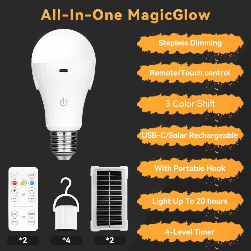 Neporal MagicGlow Rechargeable Solar Light Bulbs with Remote, USB+Solar Rechargeable