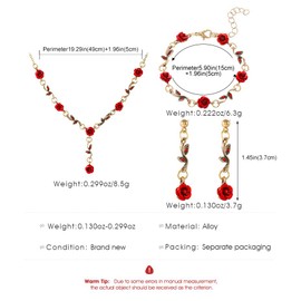 3PCS Set Red Rose Jewelry - Rose Flower Pendant Necklace, Bracelet Dangle Earrings. Bracelet Flower Jewelry Dangle Earrings Set for Mother's Day s Wedding s Valentine's Day