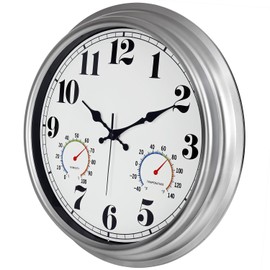 JENLYSTIME 16 Inch Silver Vintage Waterproof Indoor/Outdoor Wall Clock with Thermometer & Hygrometer, Large Numerals & Silent Sweep Movement - Ideal for Porch, Garden, Pool
