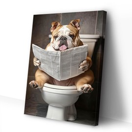 CCWACPP Dog Bathroom Wall Art Funny Animal Pictures Bulldog Reading Newspaper on Toilet Print Whimsical Animal Canvas Toilet Decor Framed (12.00" x 18.00")