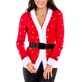 Tipsy Elves Classic Cute Cardigan Ugly Christmas Sweaters for Women with Fun Patterns and Animals - Women's Colorful Red Mrs. Claus Christmas Cardigan Size X-Small
