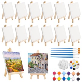 ZGOGOZ 14 pcs Mini Lienzos con Caballete,12 Colores Juego de Acrilica,8x8 cm Caballete Pintura Pequeño Plegable para Niños Adultos Pintar,Acuarelas,Suministros de Fiesta de Pintura Artística