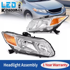 LEDKINGDOMUS Pair Chrome Headlights For 2012-2015 Honda Civic Sedan 4-Door 12-13 Coupe 2-Door