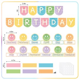 JarThenaAMCS 61Pcs Happy Birthday Bulletin Board Set Boho Happy Face Calendar Poster Pastel Classroom Birthday Chart for Back to School Decorations