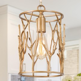 Optimant Lighting Cast Copper Pendant Light, Antique Gold Modern Hanging Cage Lighting Fixture for Kitchen Island, Dining Room, Living Room, Stairway, Hallway