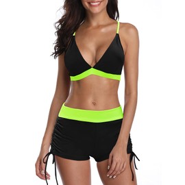 PONCEAU Bikini Women's Set Push Up Adjustable Bikini Top Two Piece Wrap Bikini Bottoms Deep V Neck Top Bikini Bottoms Hot Pants Beach Wear, Black with green
