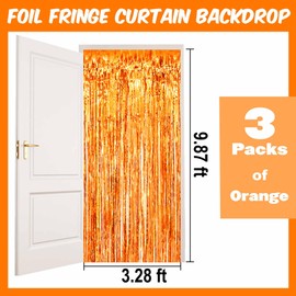 3 Pack 3.28x9.8 Ft Orange Foil Fringe Curtains Backdrop, Metallic Tinsel Streamers Curtains Backdrop for Photo Booth, Birthday, Graduation, Mother's Day, Disco, Celebration Party Decoration