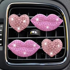 Bling Heart&Lip Air Vent Clips, Pink Heart&Lip Car Air Fresheners Vent Clips Car Diffuser Vent Clip Rhinestone Car Decoration Car Interior Decor Cute Car Accessories for Women + Sunflower Mask Hook