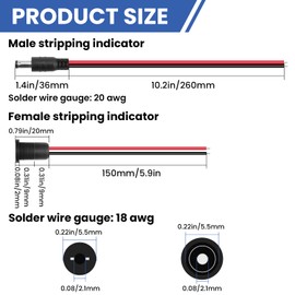 DALQUIS 6 Sets 5.5 x 2.1mm DC Power Jack Socket Threaded Female Panel Mount Connector 18AWG Solder Type Wire Adapter with Dustproof Plug for Car Audio, Video Communication, Stereo, Recorder