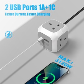 EXTRASTAR 4 Way Cube Extension Lead 1.5M, Power Cube Usb C 3120W, Cube Plug Extension with 2 Usb Ports(5V/3.4A) for Home Office Dorm and Travel - Grey
