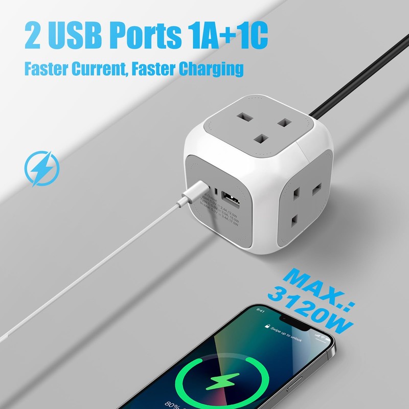 EXTRASTAR 4 Way Cube Extension Lead 1.5M, Power Cube Usb