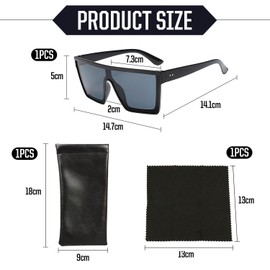 SLAXJNE 1 pair of sunglasses with square frame, 1 glasses cloth, 1 glasses bag, one-piece sunglasses, elegant and fashionable sunglasses, retro sunglasses with flat top, black