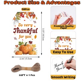 SerpizePaty 50Pcs Thanksgiving Gift Tags with String, 3.3x2.1 Inch So Very Thankful for You Tags with Pumpkin Leaf, Thanksgiving Name Tags for Gift Bags Fall Day Autumn Holiday Party Favors DIY Craft