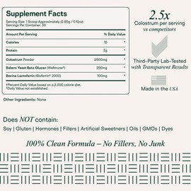 Adapt Naturals Colostrum Supplement with Lactoferrin & Beta Glucan, Bio-Avail Grass Fed Bovine Colostrum Powder for Gut Health, Immune Support & Vitality | Non-GMO, 2500mg, Unflavored - 60 Days Supply