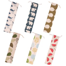 Samcos Straw Storage Pouch, Chopsticks Bag, Set of 6, Fabric, Cotton Linen Material, Stylish, Cute, Eco-Friendly, Restaurant Specifications, Cutlery Storage, Portable Cutlery Case, Washable Drawstring