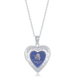 Beaux Bijoux Sterling Silver Angel Blue Cameo Designed Heart Locket Necklace
