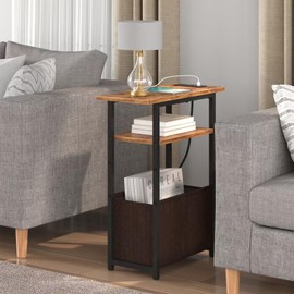 sthmec Narrow Side Table with Charging Station Set of 2, Small End Table for Small Spaces, Skinny Nightstands Set 2 with Storage Basket,Sofa Bedside Tables for Living Room,Bedroom, Rustic Brown