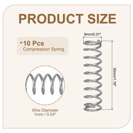 sourcing map Small Compression Spring 8 mm OD 1 mm Wire Diameter 30 mm Free Length 304 Stainless Steel Extension Spring for Shop Home Repairs DIY Projects (Silver Tone, Pack of 10)