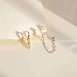 Ewrkbr Pearl Drop Earrings for Women Trendy, Dainty Gold Earrings Stacks 14K Gold Plated Pearl Hggie Hoop Earrings Small Gold Earrings Cute Cartilage Earring Sets for Multiple Piercing Gold Jewelry