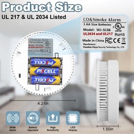 2 Pack Combination Smoke Detector and Carbon Monoxide Detectors with LED Display (3×5AA Batteries Included)