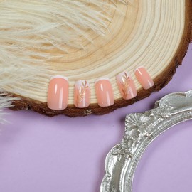 24 Pcs Nude Pink Press On Nails Short Square,YEFIUO Spring Fake Nails Press ons White French Nail Art Tips Acrylic Nail Kit Glue on Nails Full Cover False Nails with Gold Branch Design for Women