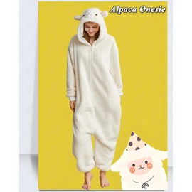 Laahoem Animal Alpaca Pyjamas Unisex Adult Hood Men Women Jumpsuit Costume Cosplay Sleepwear Beige White S