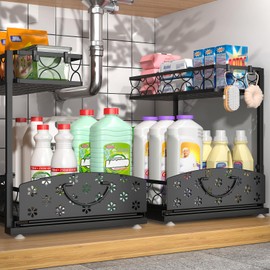 Sevenblue 2 Packs Under Sink Organizer, High Adjustable 2 Tier Under Kitchen sink organizer, Multi-Purpose Storage Shelf for Kitchen Bathroom Cabinet, Black (Black02)