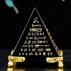 NEONWE Healing Crystal Pyramid Paperweight - Clear Glass Positive Energy Meditation Desk Ornament with Gold Stand Crafts for Home Office Art Decor (3.94 inch)