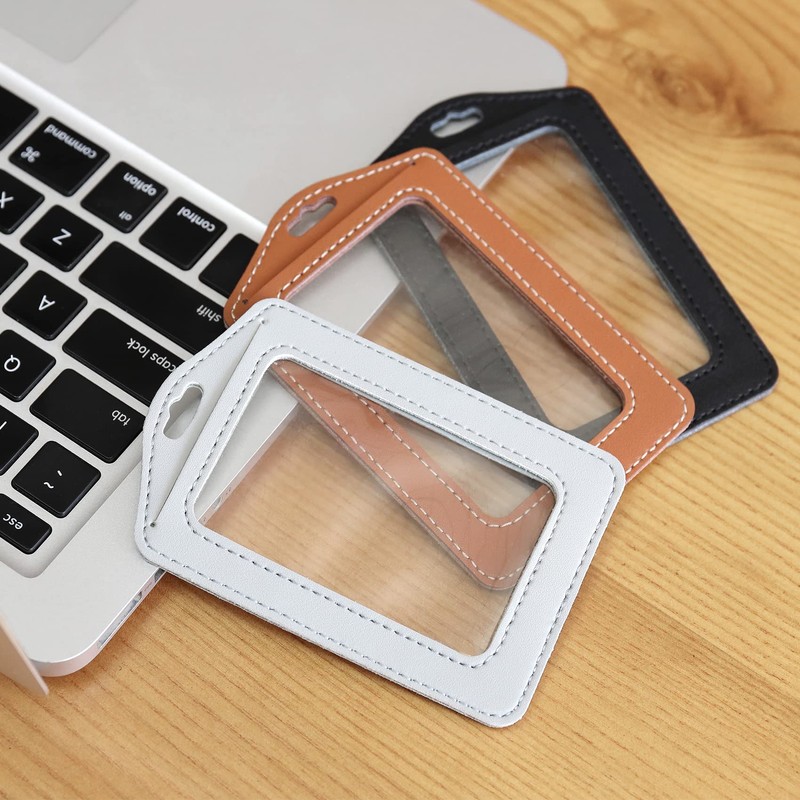 Vividwise 3 Pcs Vertical Leather Badge Holders, Black/Brown/Gray ID Holder