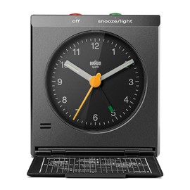 Braun Classic Analogue Travel Alarm Clock with Snooze Function and Light, Vintage Design, Compact Size, Flip Cover with World Time Zone Map, Silent Quartz Movement, Crescendo Beep Alarm in Black, BC05B