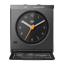 Braun Classic Analogue Travel Alarm Clock with Snooze Function and Light, Vintage Design, Compact Size, Flip Cover with World Time Zone Map, Silent Quartz Movement, Crescendo Beep Alarm in Black, BC05B